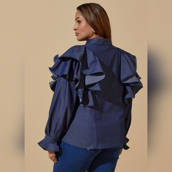 NWT SIZE 24 (3X) ASHLEY STEWART Ruffled Denim Shirt - Picture 2 of 6